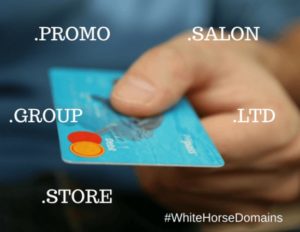 New Domains Post Header for Blog by White Horse Domains. Hand holding credit card with domain names around it